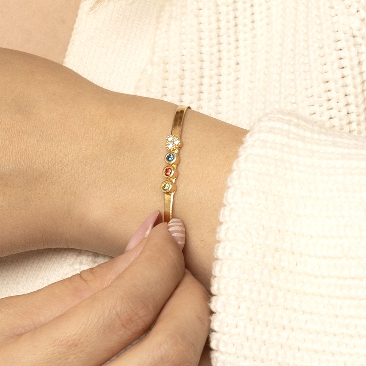 Herringbone Birthstone Bracelet with Heart Charm [18K Gold Plated]