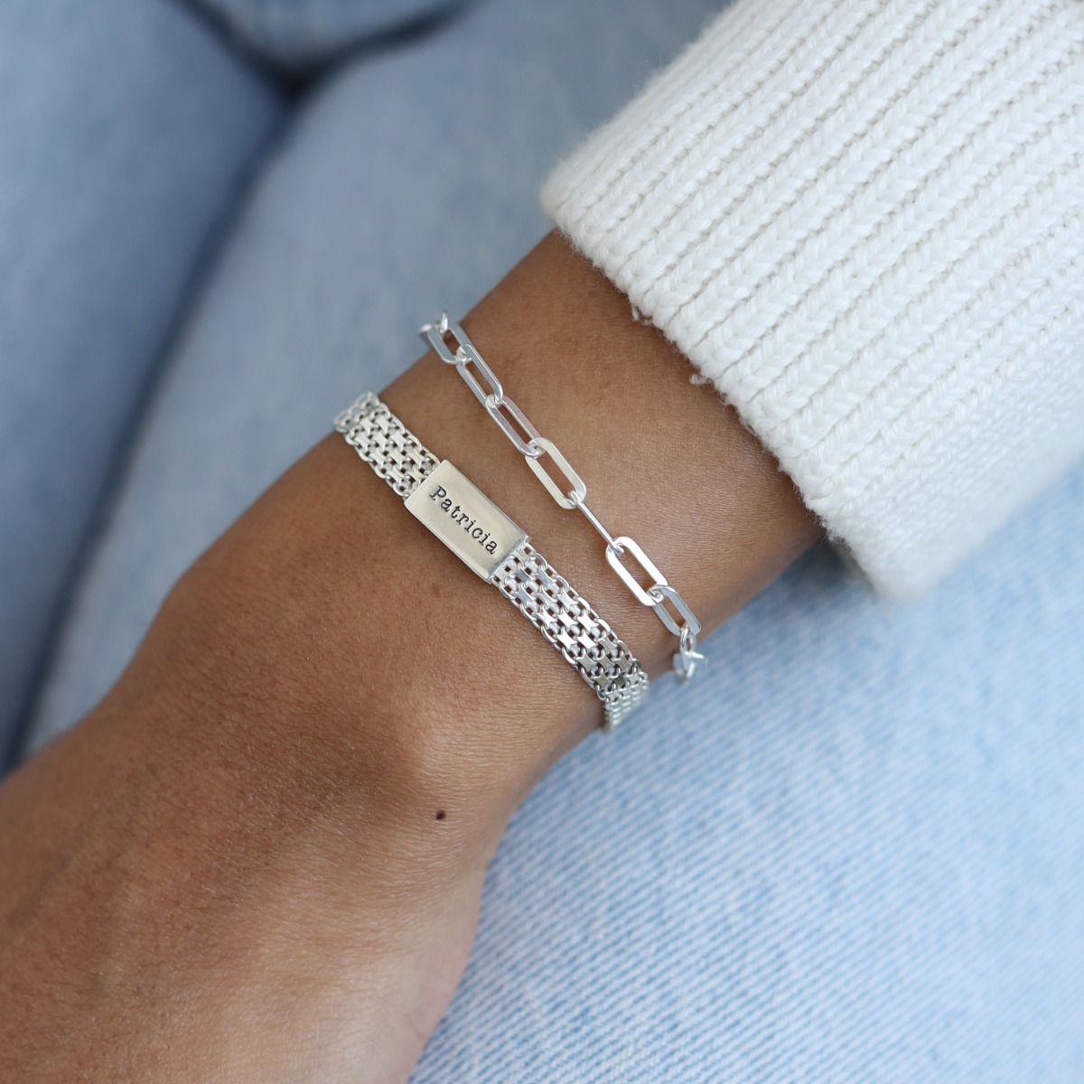 Emma Herringbone and Classic Paperclip Chain Name Bracelet Set [Sterling Silver]