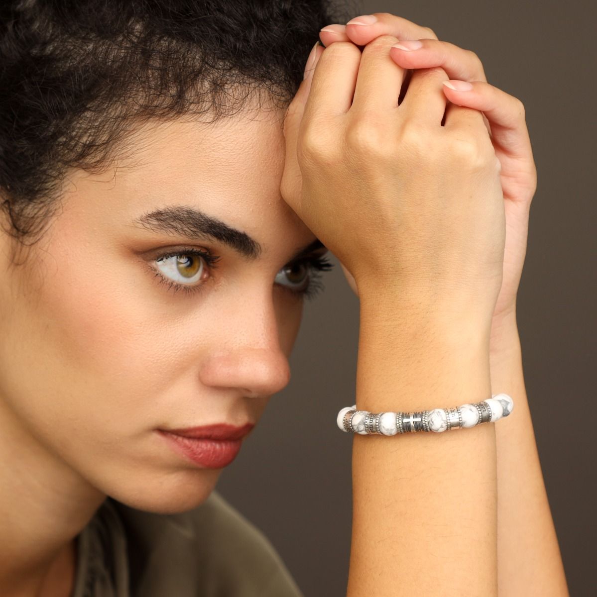 Cross Women Name Bracelet With Howlite Stones [Sterling Silver]