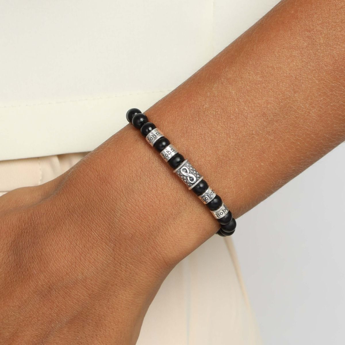 Bracelet Infini Onyx Noir avec Prénoms pour Femme [Argent 925]