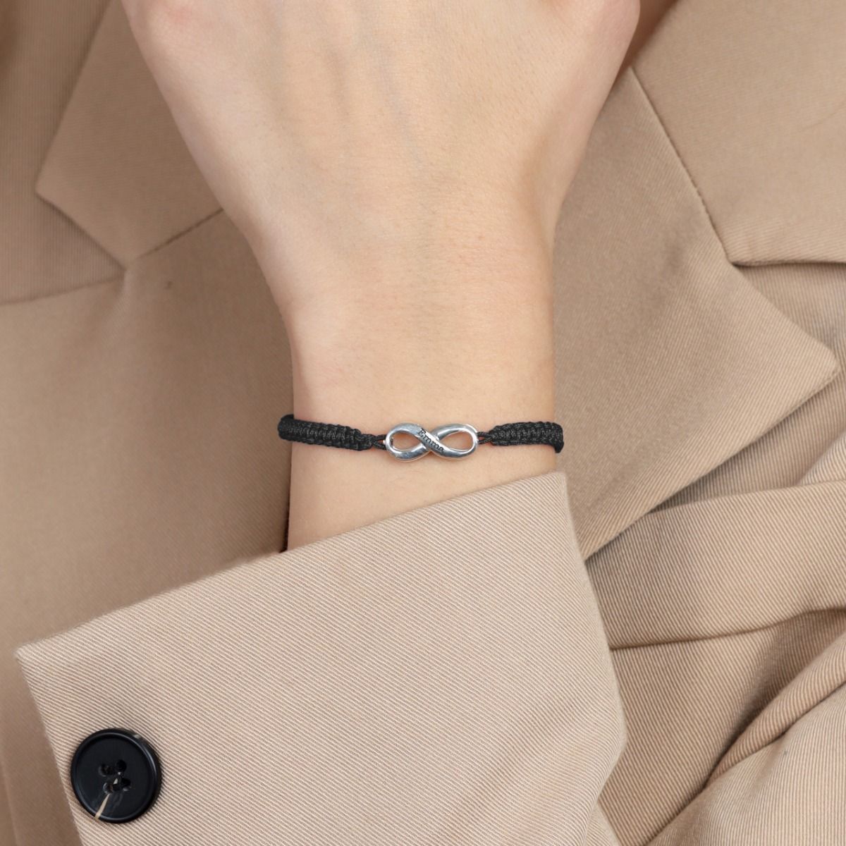 Infinity Name Bracelet - Wide Black String [Sterling Silver]