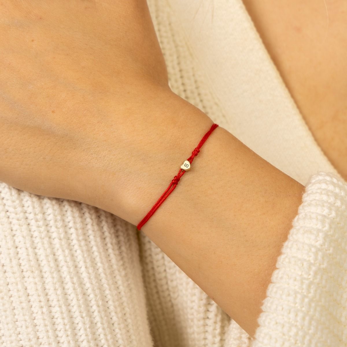 Initial Bracelet with Red Cord - 14 Karat Gold - Valentine's