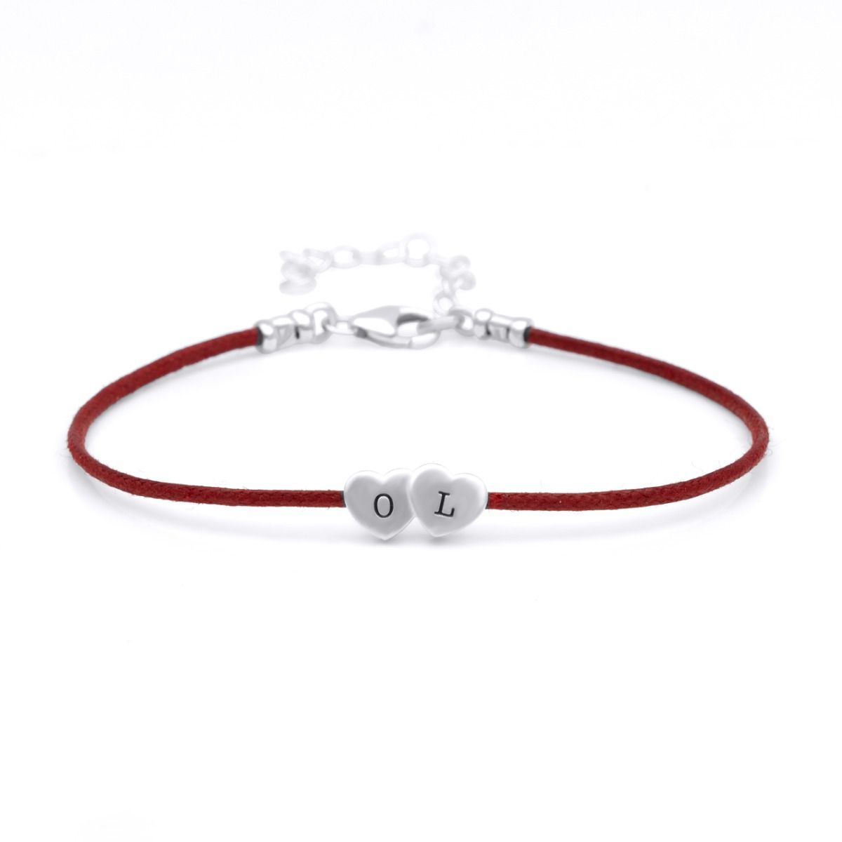 Intertwined Hearts Initials Bracelet - Red Cord [Sterling Silver]