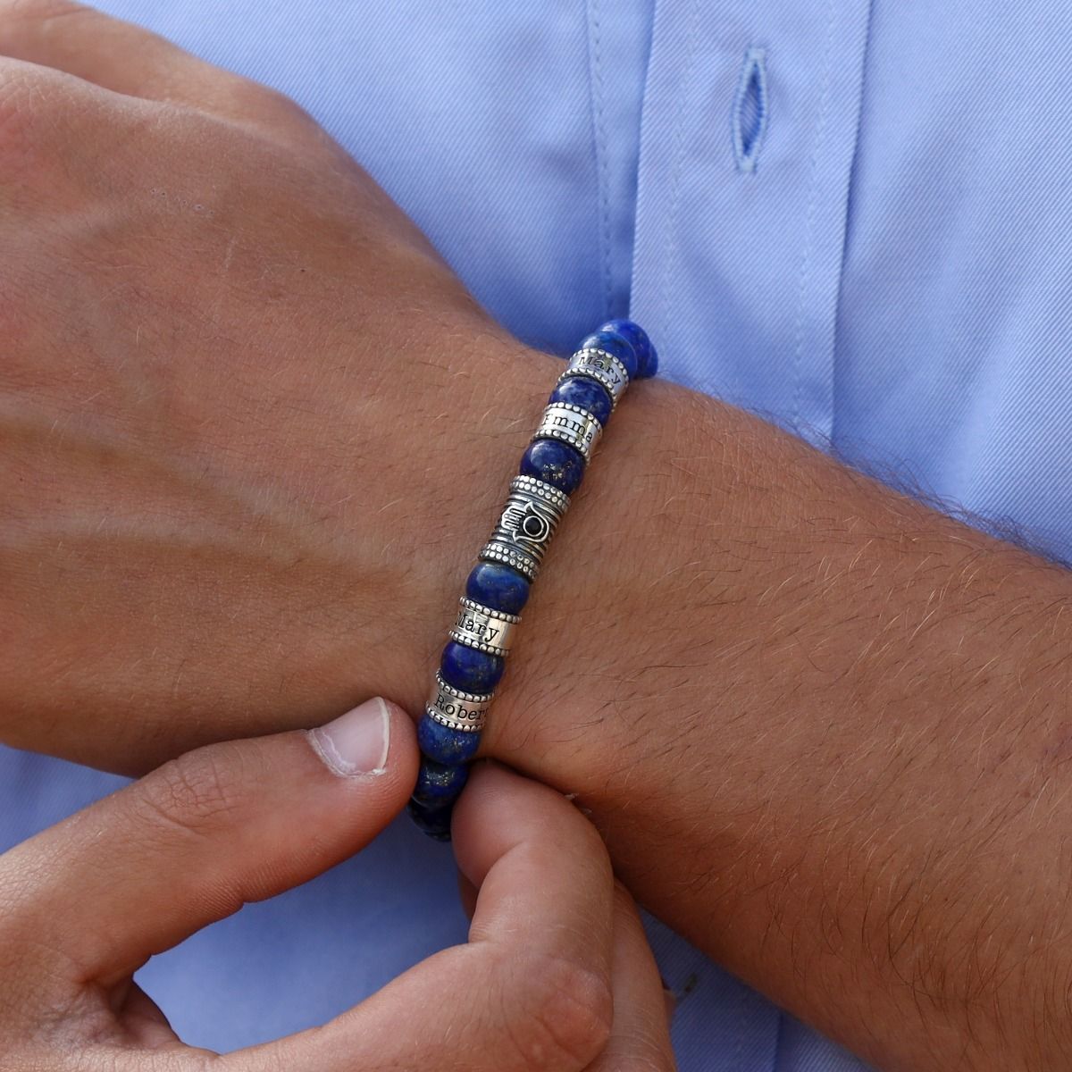 Bracelet Lapis Lazuli Prénom avec Hamsa pour Homme