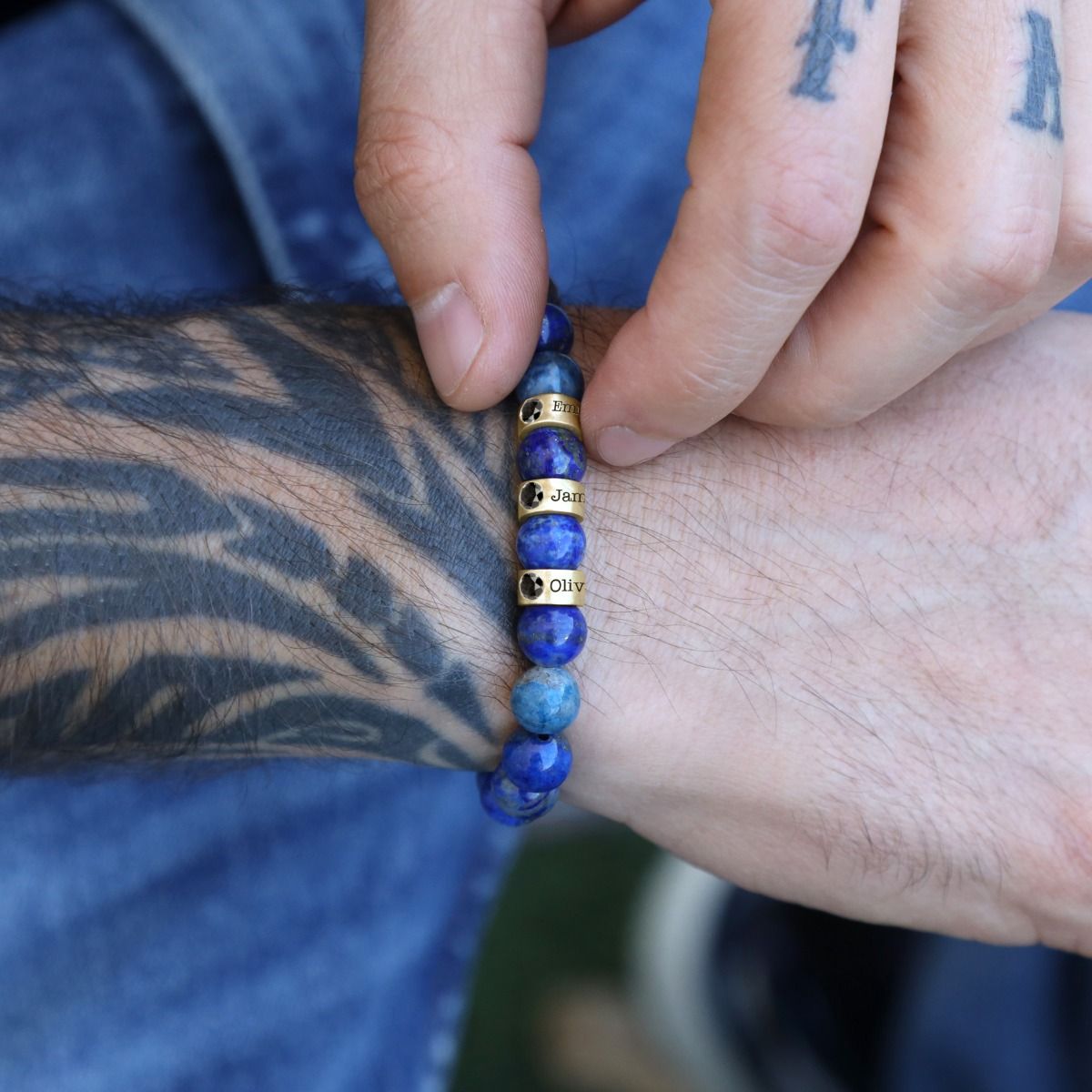 Lapis Lazuli Men Name Bracelet with 0.20 ct Black Diamonds [18K Gold Vermeil]