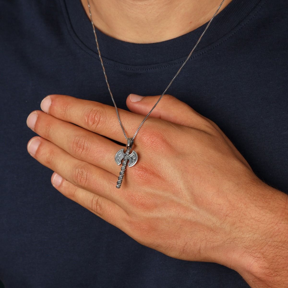 Viking Axe Pendant Men Necklace - Sterling Silver