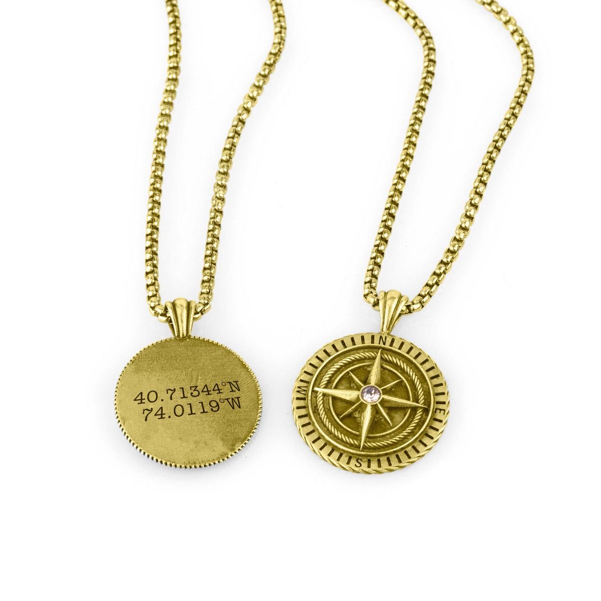 Compass Necklace with Coordinates - 18K Gold Plated