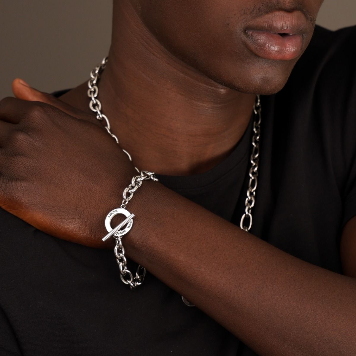 Men's Figaro Chain Bracelet - Circle Engraved Pendant - Talisa