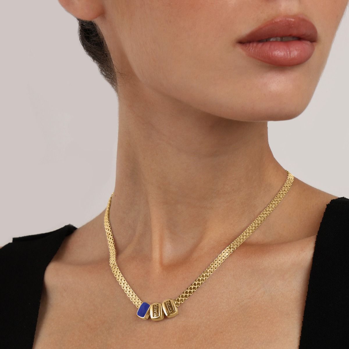 Emily Milanaise Namenskette mit Blauem Charm [750er Gold Vermeil]