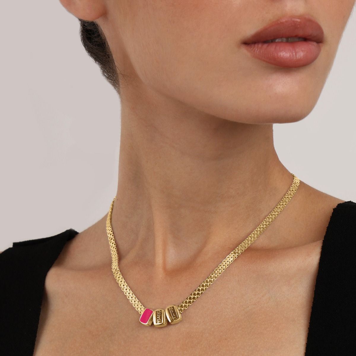 Emily Milanaise Namenskette mit Pinkem Charm [750er vergoldet]