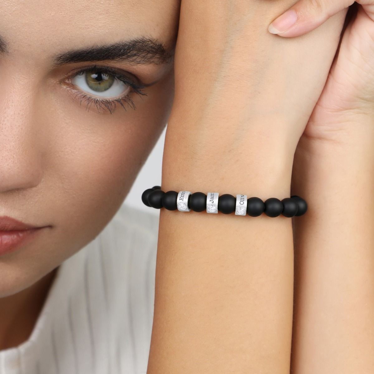 Black Onyx Women Name Bracelet with 0.20ct Diamonds [Sterling Silver]