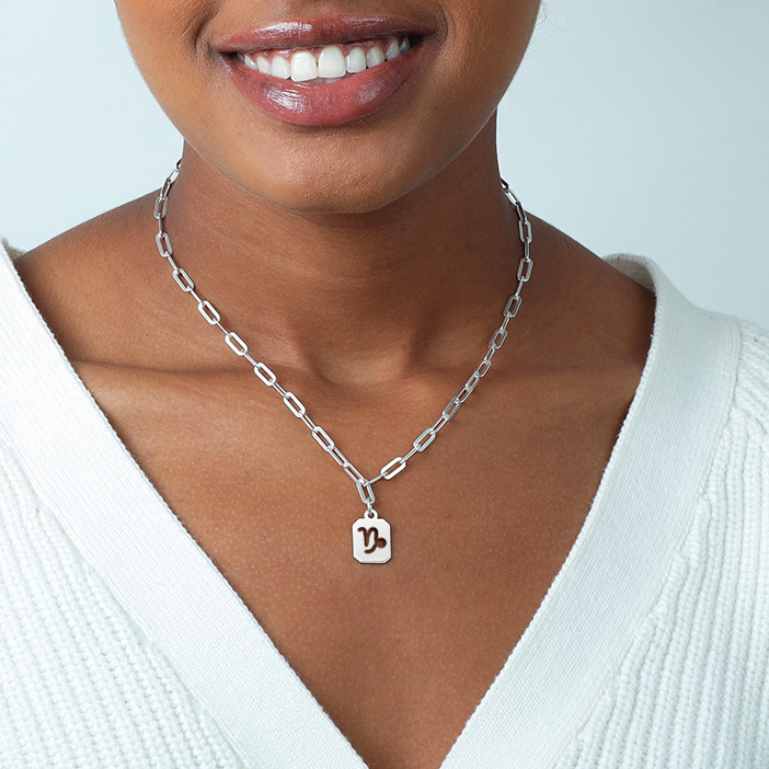 Capricorn Necklace - Zodiac Sign with Paperclip Chain [Sterling Silver]