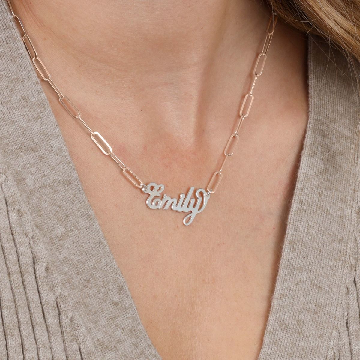 Paperclip Style Glam Name Necklace [Sterling Silver / 18K Rose Gold Plated Chain]