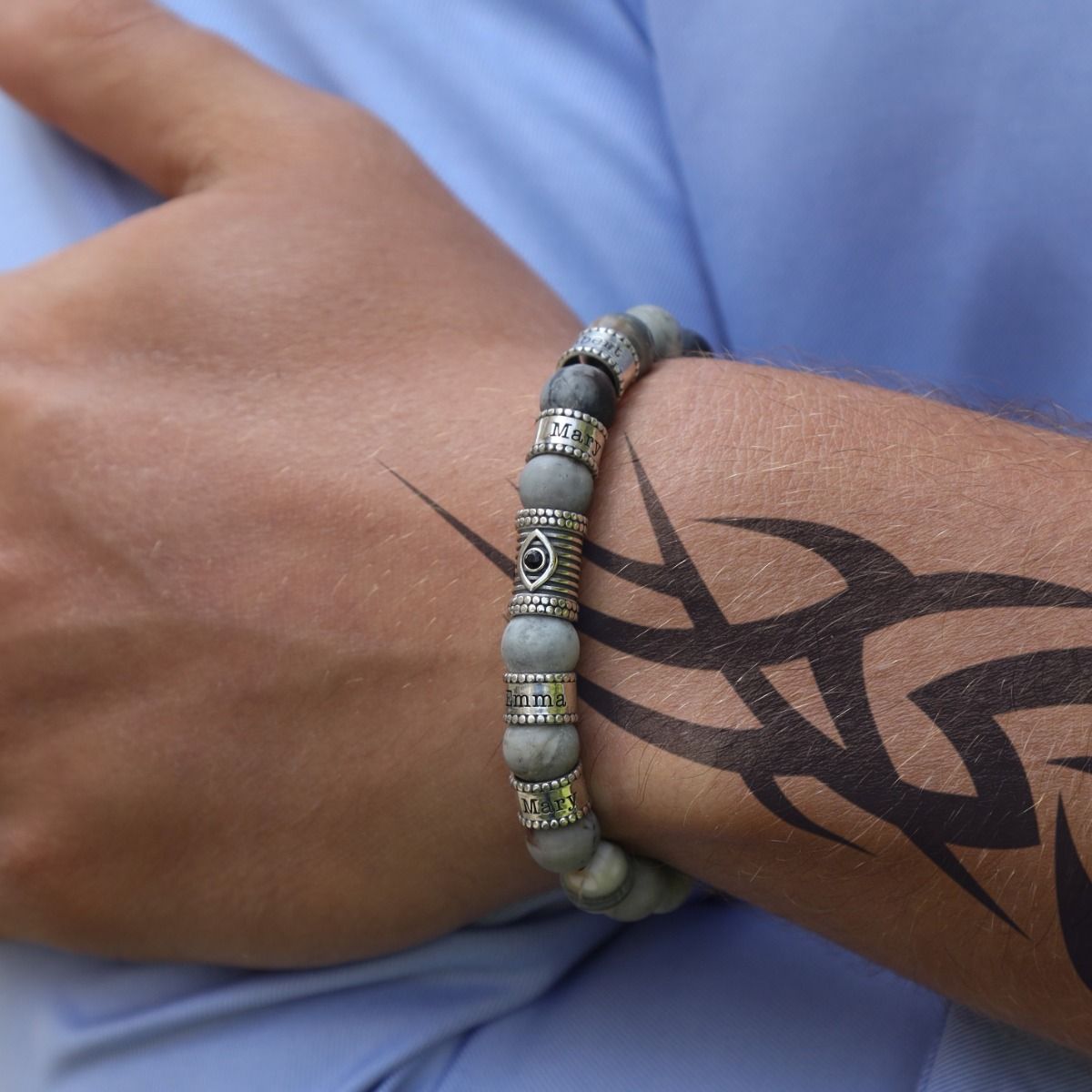 Bracelet Jaspe Picasso Prénom avec Œil du Mal pour Homme