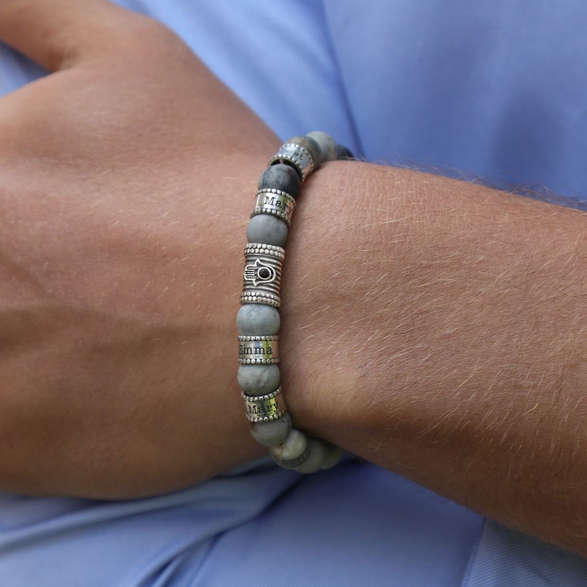 Bracelet Jaspe Picasso Prénom avec Hamsa pour Homme