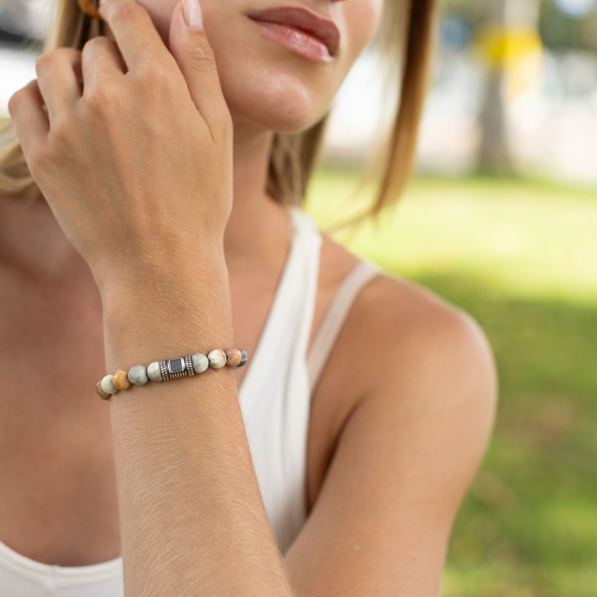 Picasso Jasper Women Bracelet with Nano Bible [Sterling Silver]