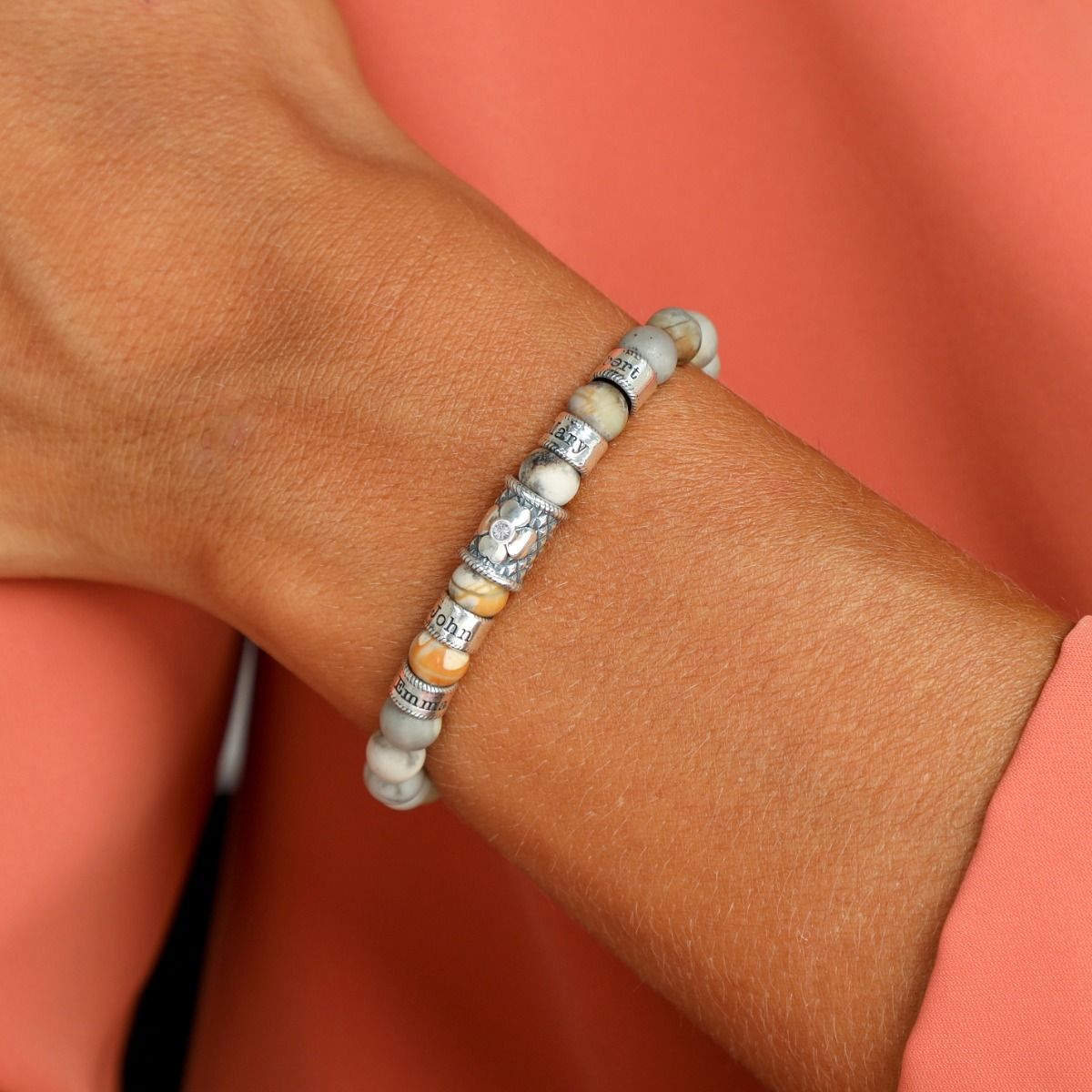 Picasso Jasper Tulip Flower Women Name Bracelet - White Stone [Sterling Silver]
