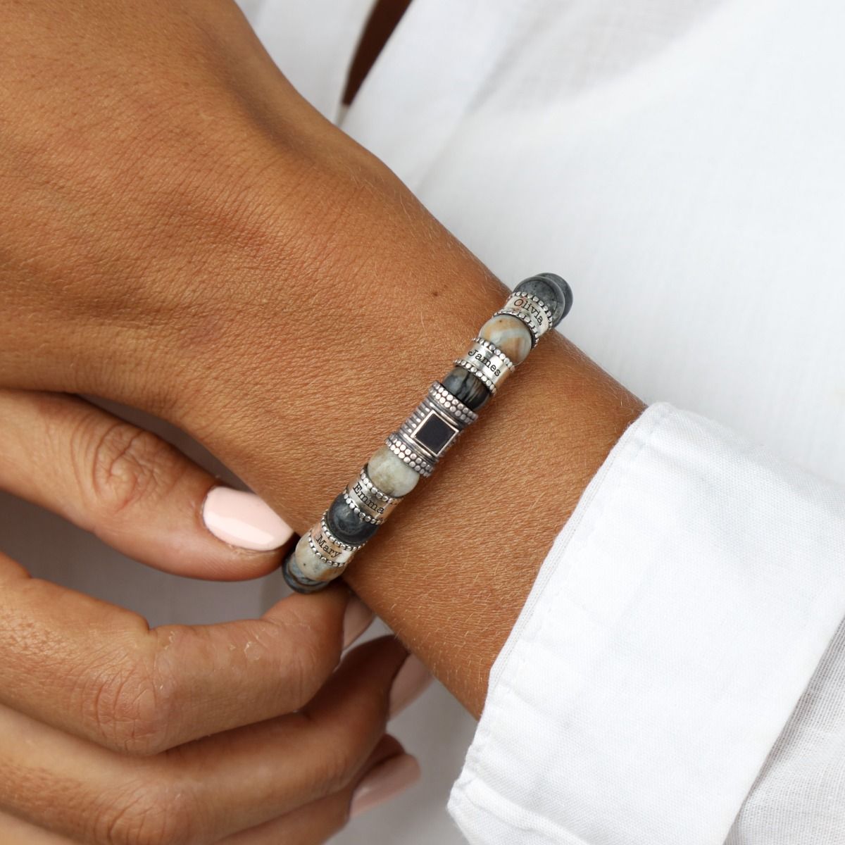 Bracelet Jaspe Picasso Prénoms pour Femme avec Nano Bible [Argent 925]