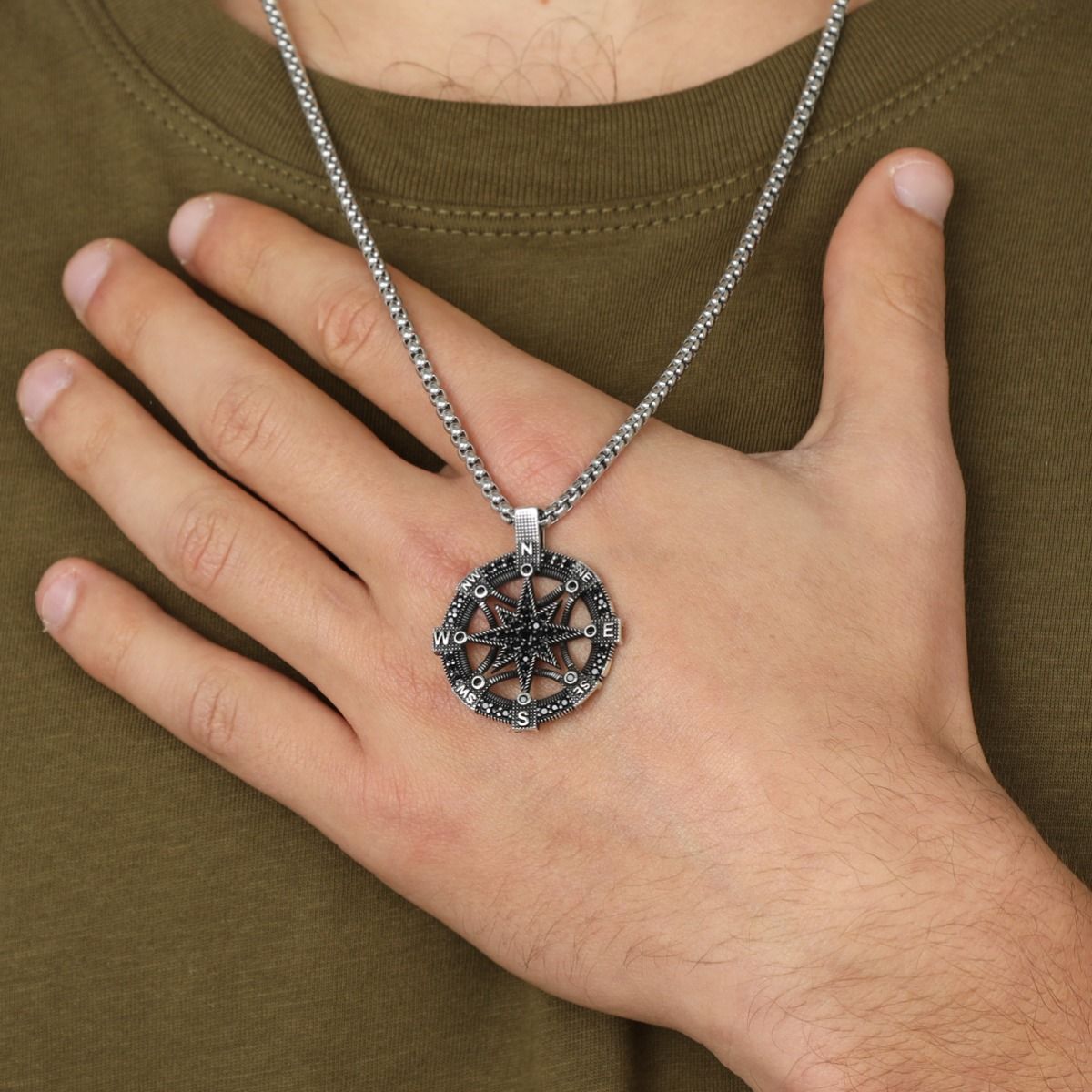 Compass Medallion Necklace for Men - Sterling Silver