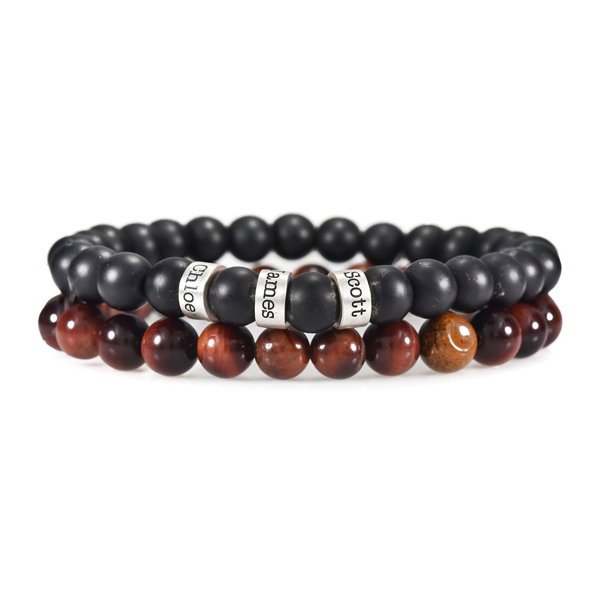 Paire de Bracelets Œil de Tigre et Onyx Noir avec Prénoms 