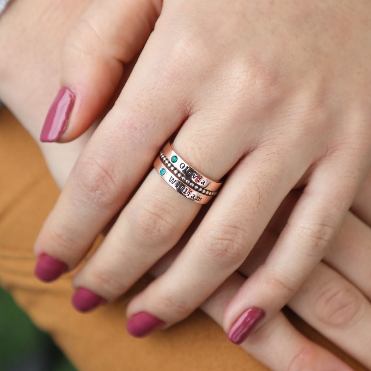 Name and Birthstone Stackable Rings in Rose Gold Plating Talisa