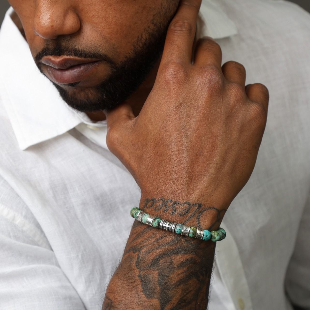 Turquoise Green Stone Men's Name Bracelet Cross Bracelet