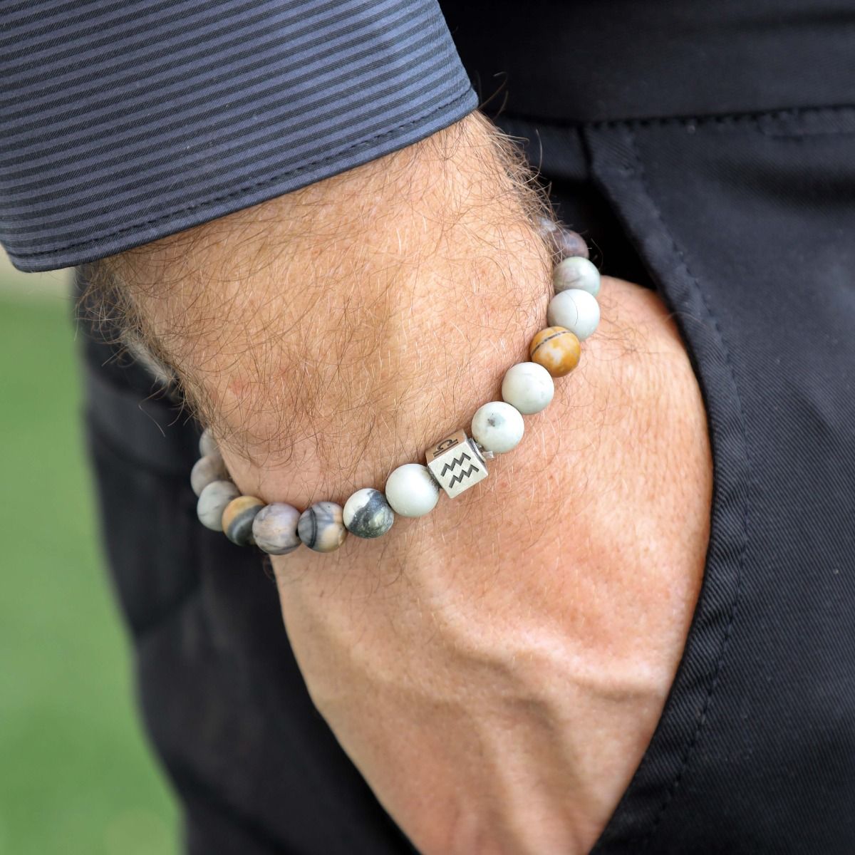 Zodiac Picasso Jasper Men Bracelet - Sterling Silver