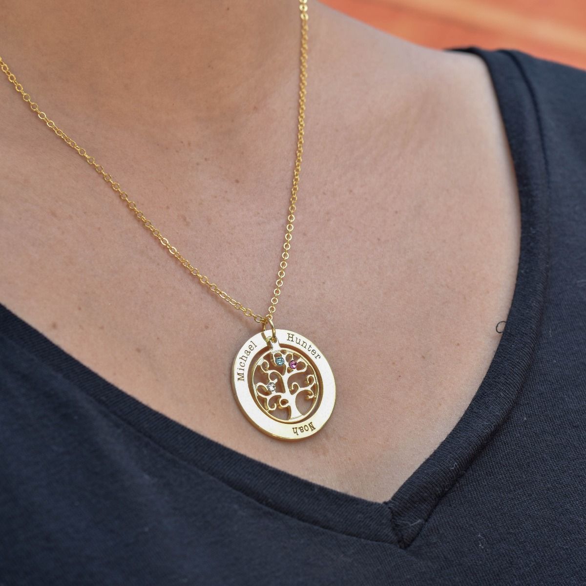Boom des Levens Naam en Geboortesteen Ketting [Goud Verguld] 