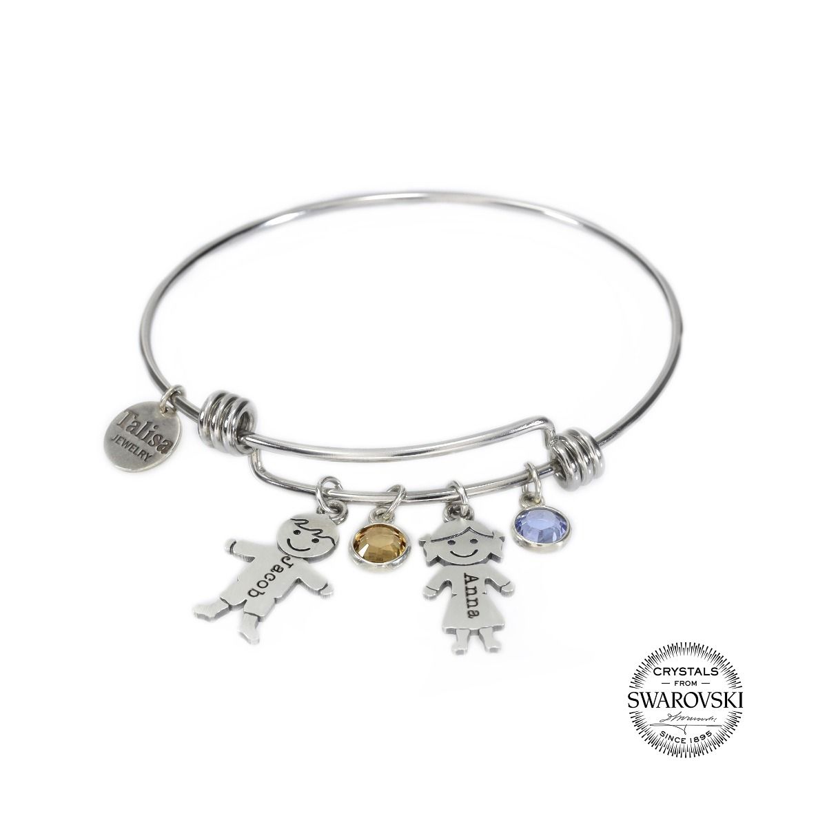 Bracciale Bangle Regolabile con Nomi di Famiglia e Pietre di Nascita