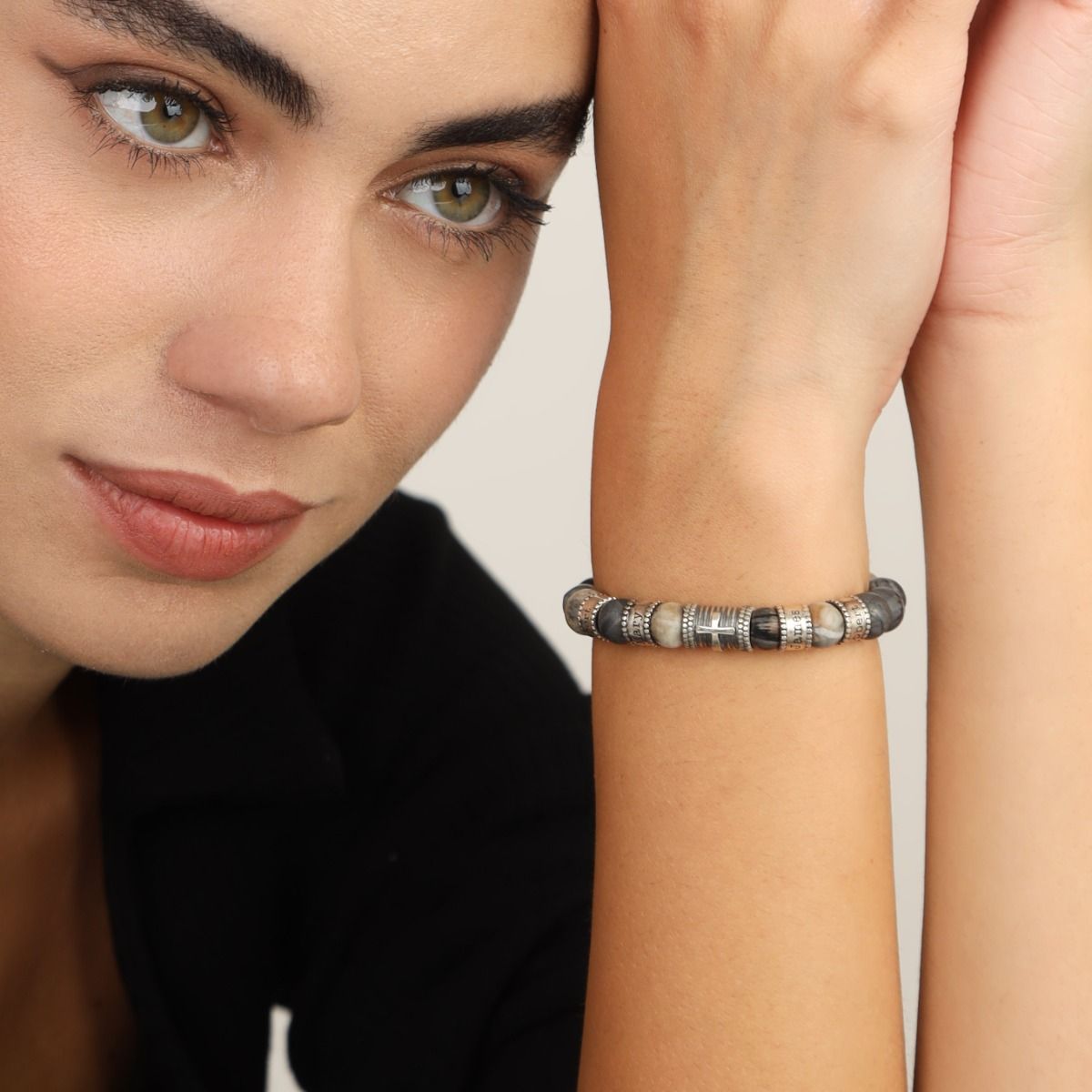 Bracciale da Donna con Croce e Nome con Pietre di Diaspro di Picasso [Argento 925]