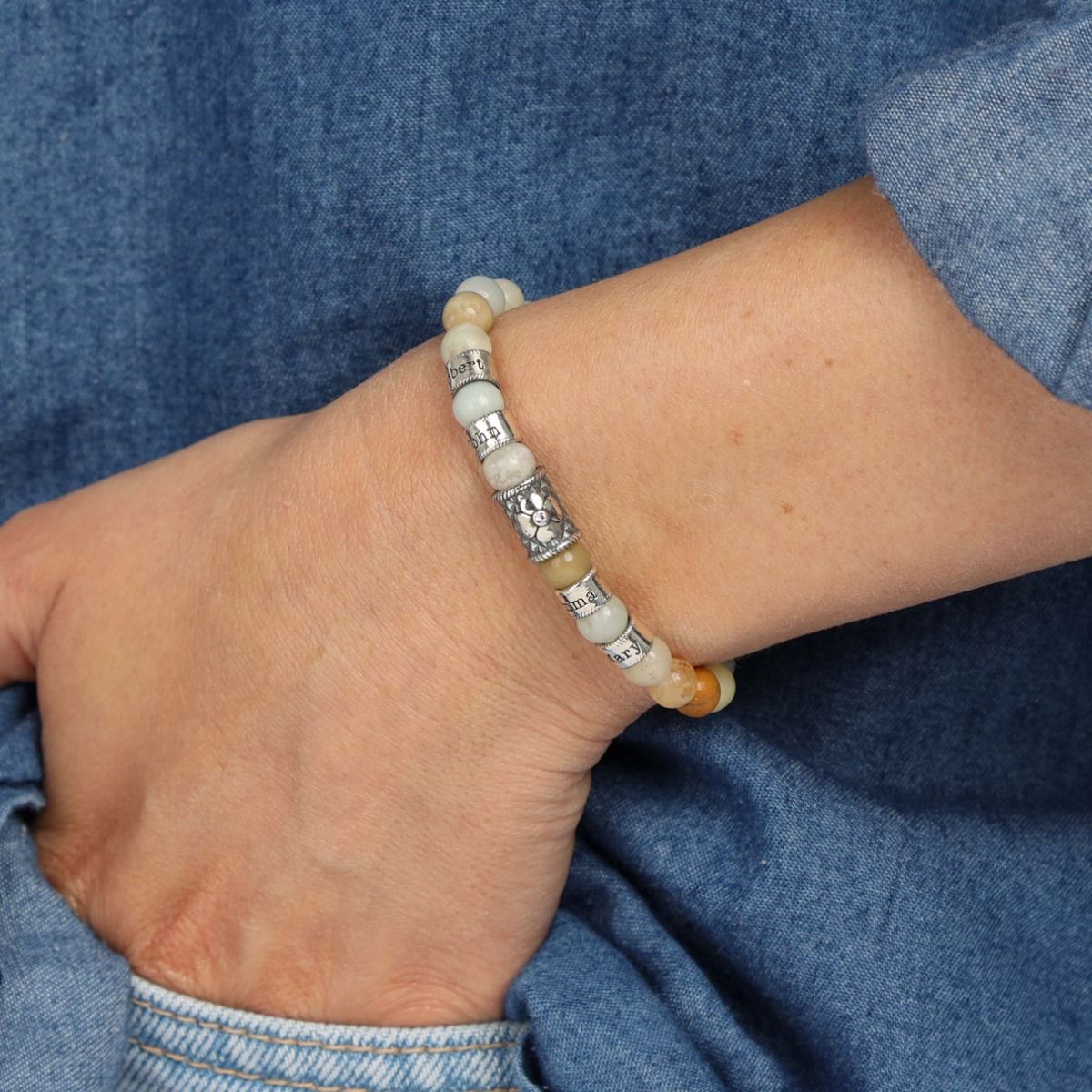 Amazonit Tulpe Armband mit Diamanten und Gravur für Damen [Sterlingsilber]