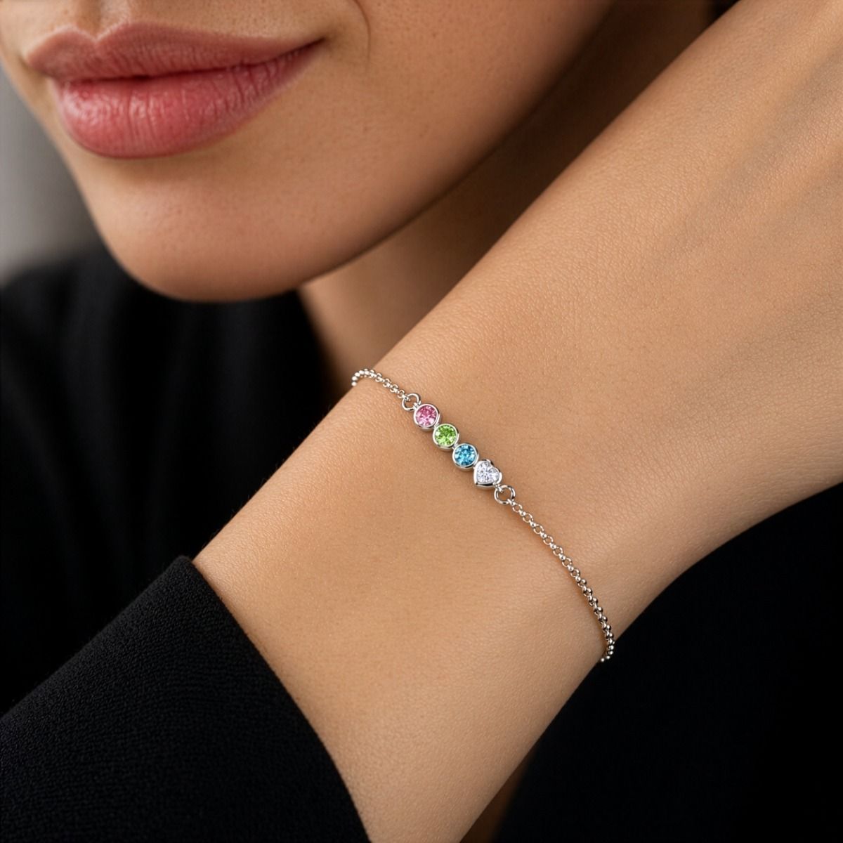 Talisa Stars Birthstone Bracelet With Diamond Heart [Sterling Silver]