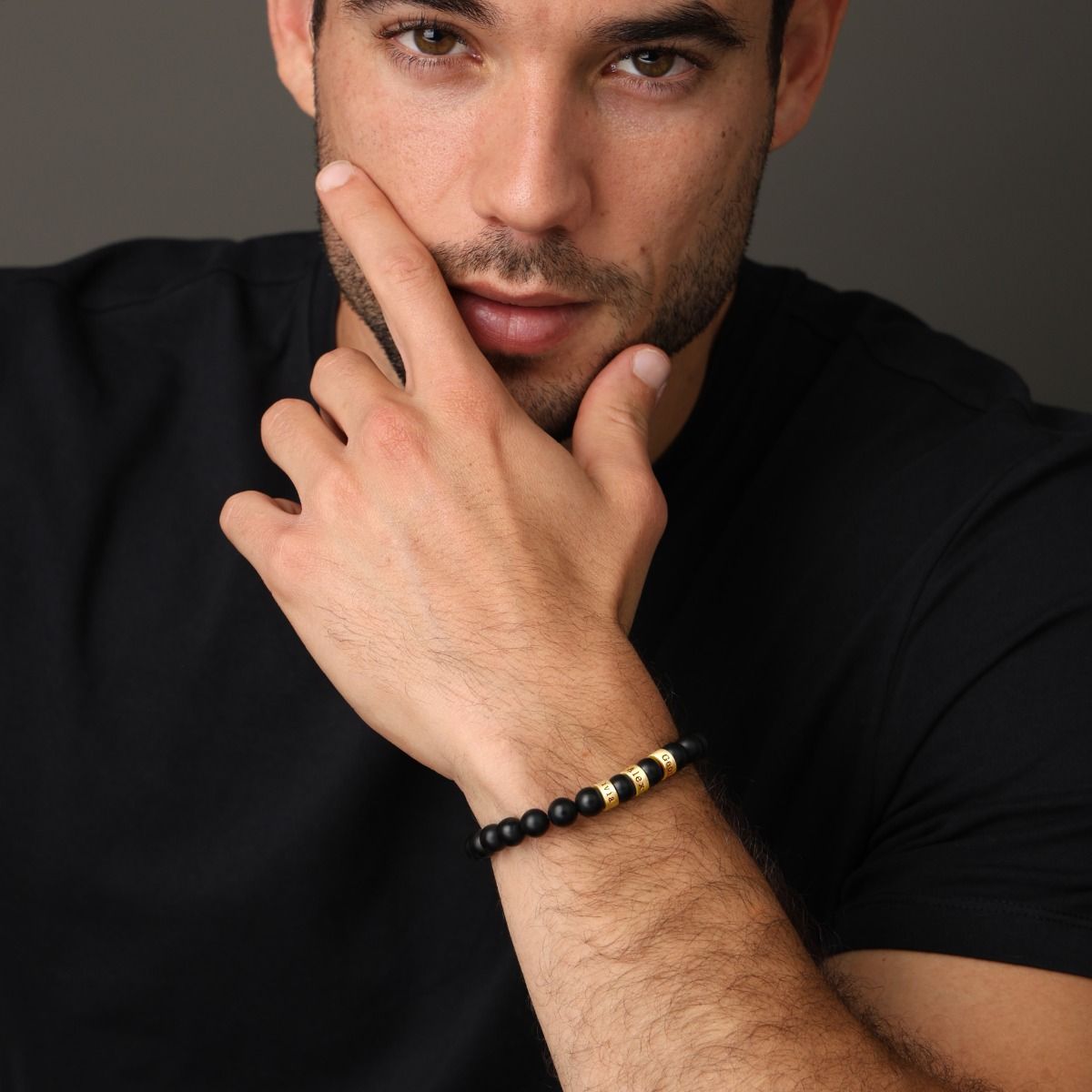 Bracciale da Uomo con Nome in Onice Nero Serene - Oro 18 Carati Vermeil