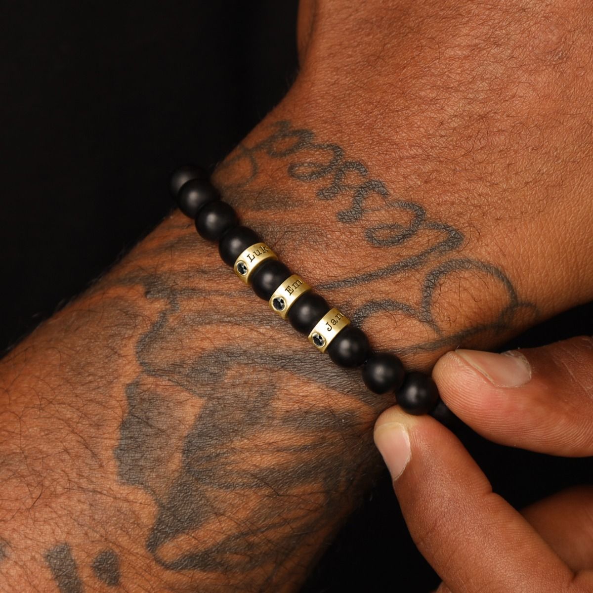  Black Onyx Men Name Bracelet with 0.20 ct Black Diamonds [18K Gold Vermeil]