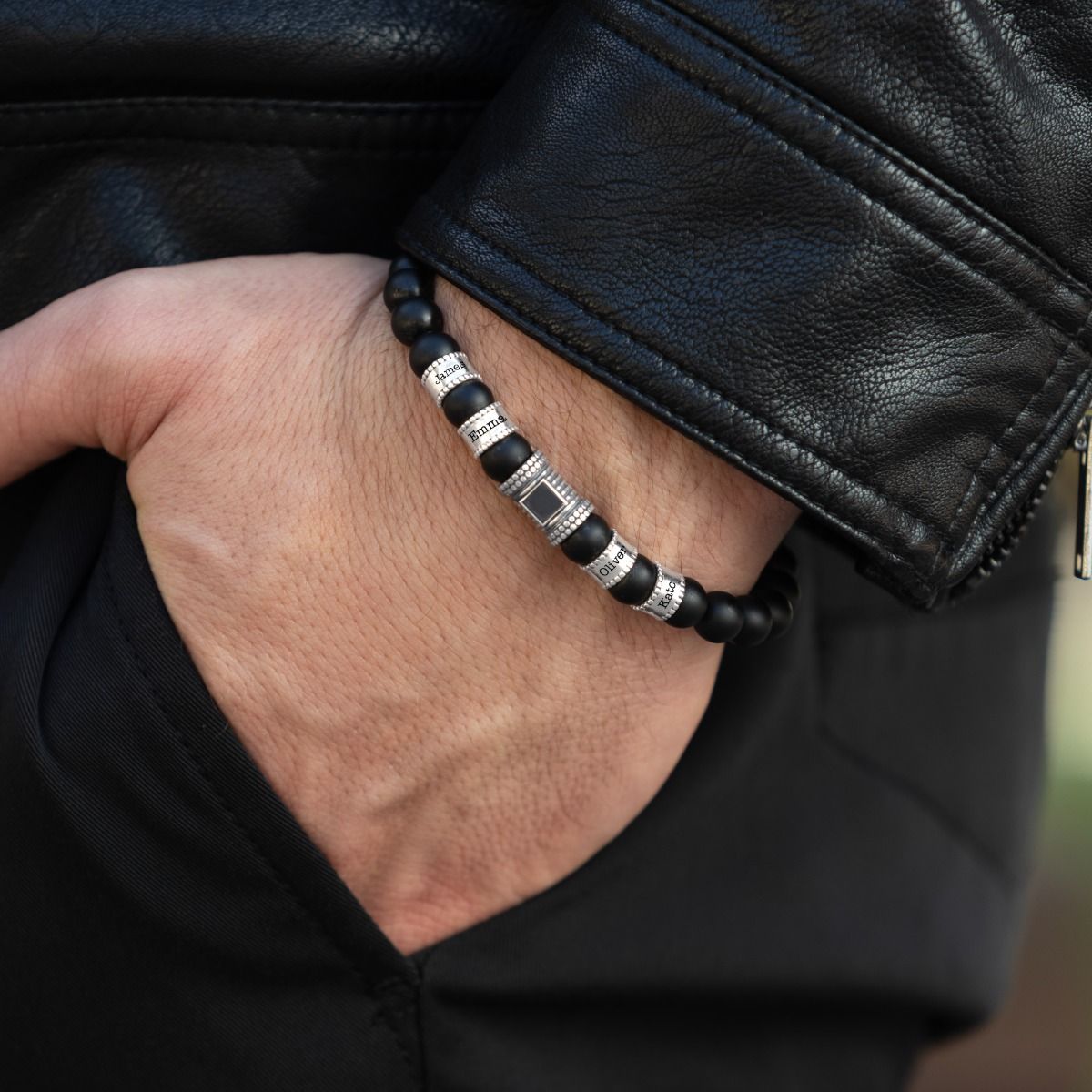 Bracelet Onyx Noir Prénoms pour Homme Avec Nano Bible [Argent 925]
