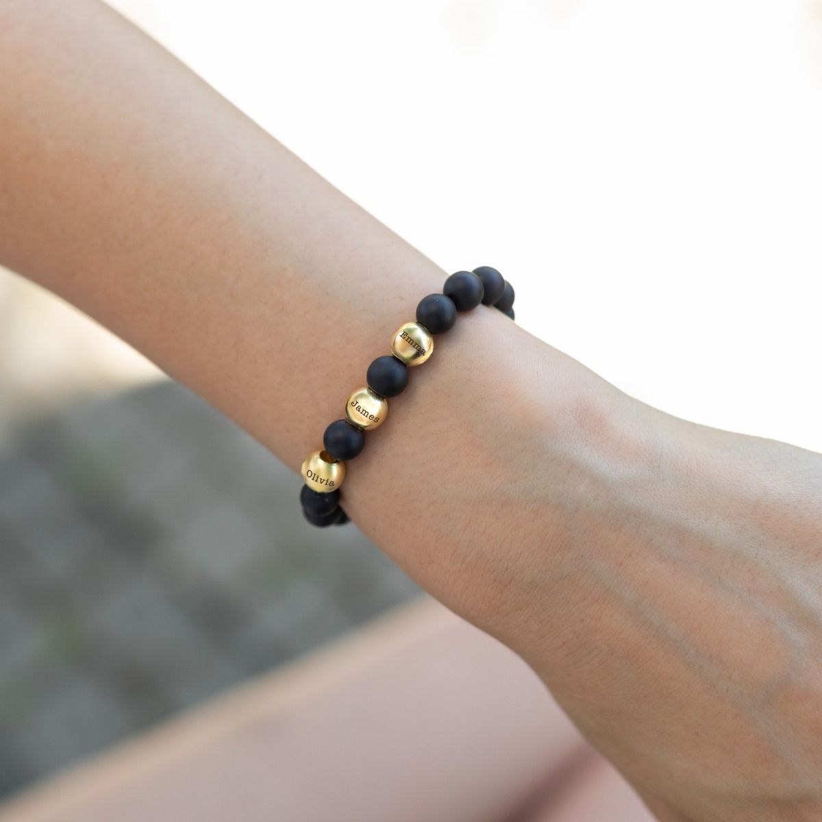 Black Onyx Beaded Bracelet - Engraved Spheres [18K Gold Vermeil]