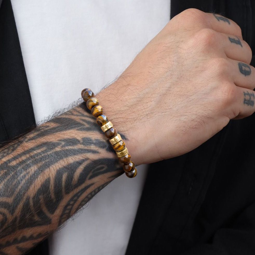 Brown Tiger Eye Men Name Bracelet - 18K Gold Vermeil