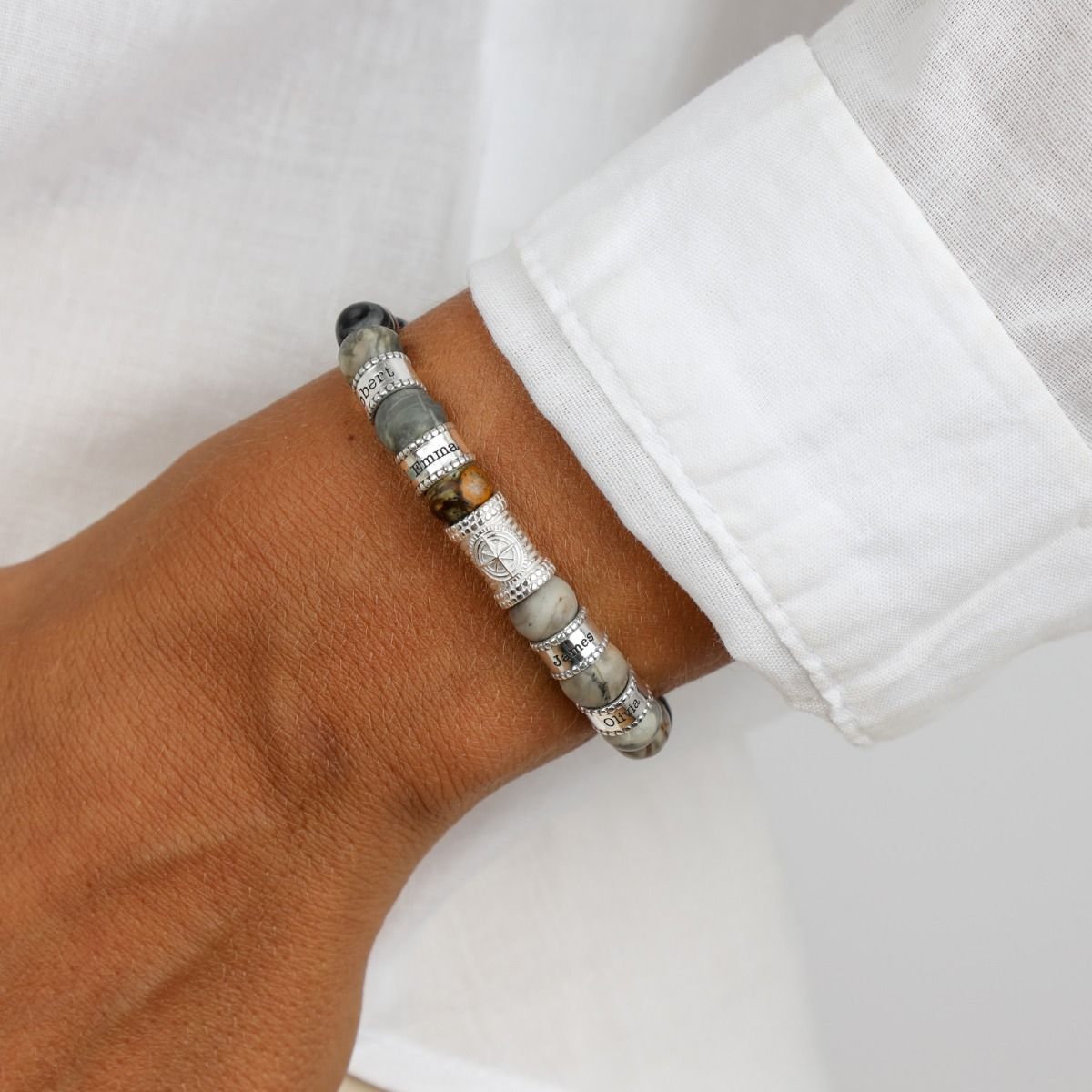 Compass Women Name Bracelet With Picasso Jasper Stones [Silver]