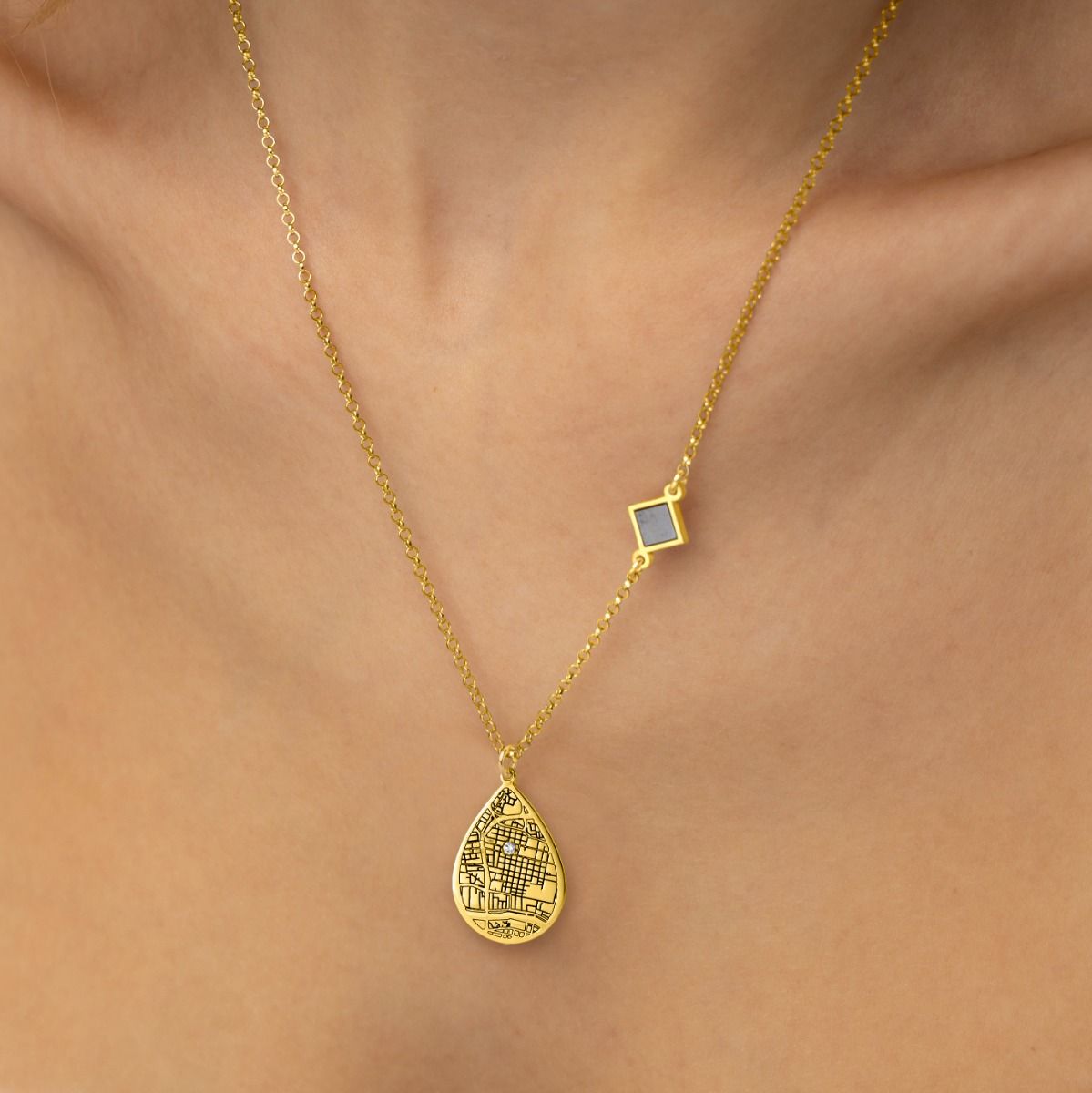 Cherished Spot Engraved Map Necklace with Nano Bible [14 Karat Gold]