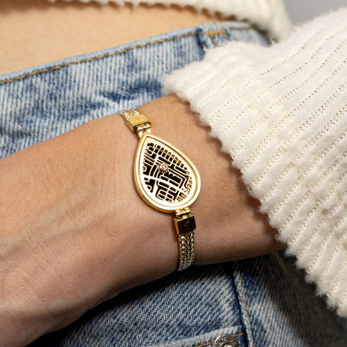 Bracelet Carte Silhouette Endroit Chéri avec Chaîne Tressée - Vermeil 18ct