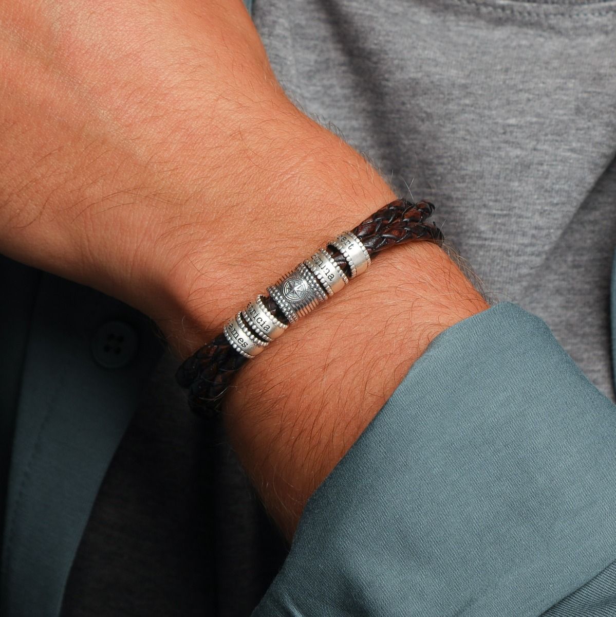 Compass Charm on a Men's Leather Bracelet with Engraved Silver Spheres [Brown Leather]
