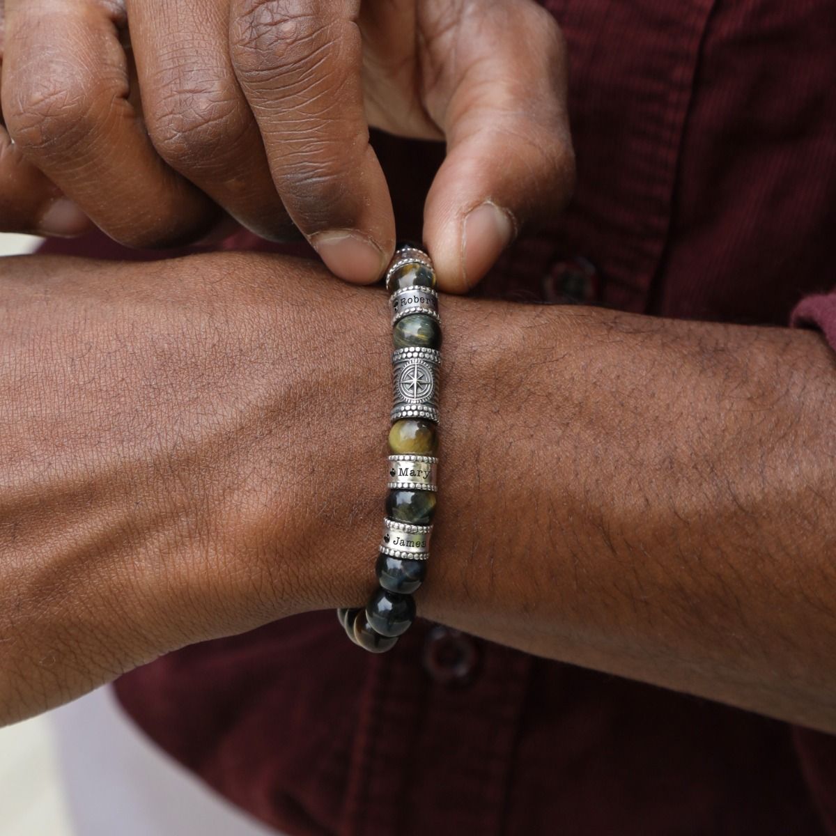 Compass Diamond Men Name Bracelet - Green Tiger Eye