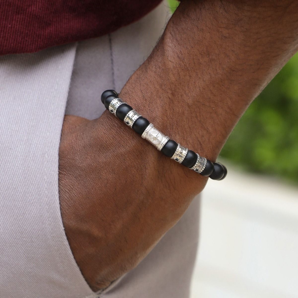 Compass Men Name Bracelet with 0.20 ct Black Diamonds - Black Onyx