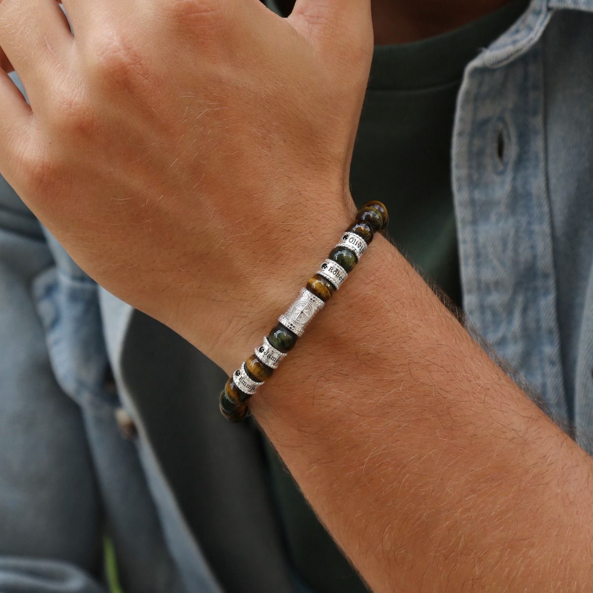 Compass Men Name Bracelet with 0.20 ct Black Diamonds - Green Tiger