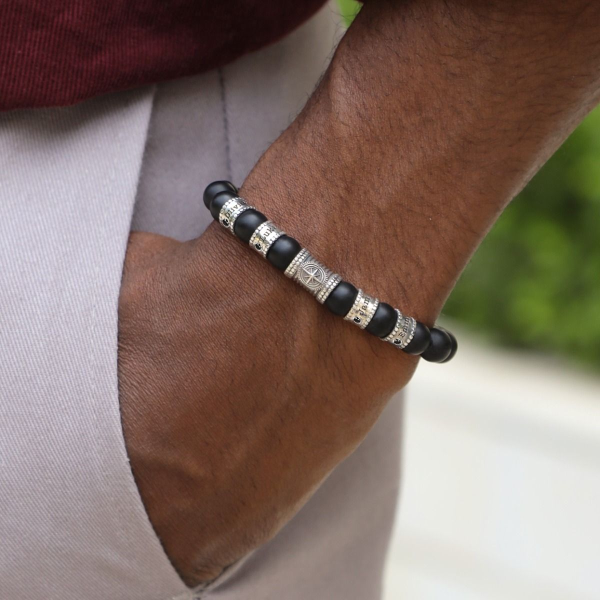 Kompass Herren Namensarmband mit 0,20 Kt schwarzen Diamanten - schwarzer Onyx