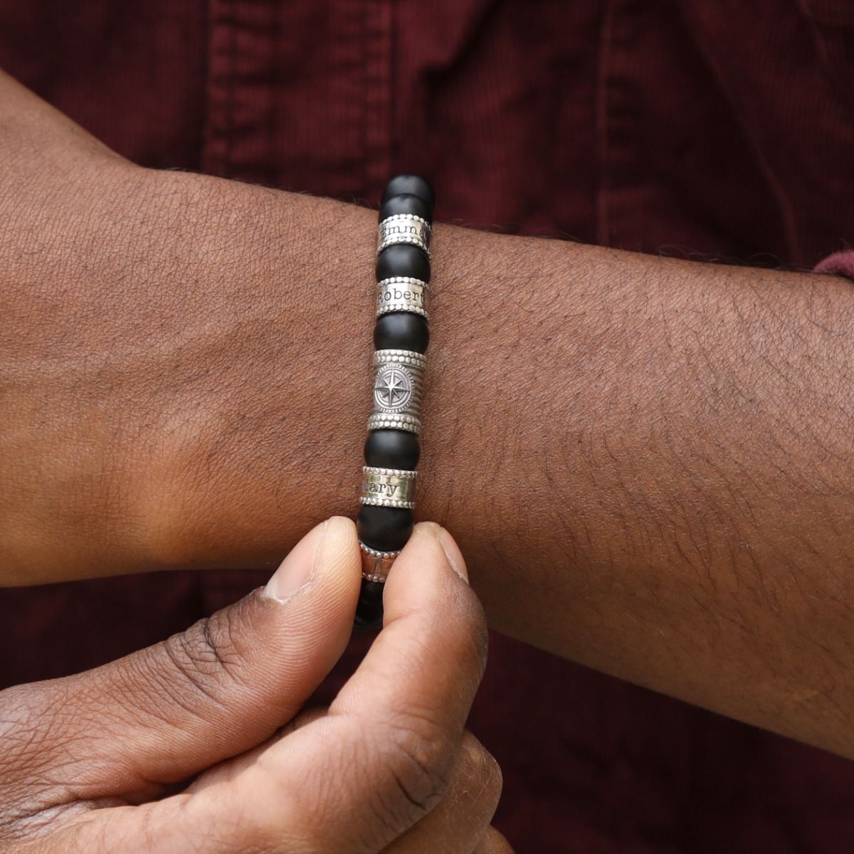 Compass Men Name Bracelet with Black Onyx Stones