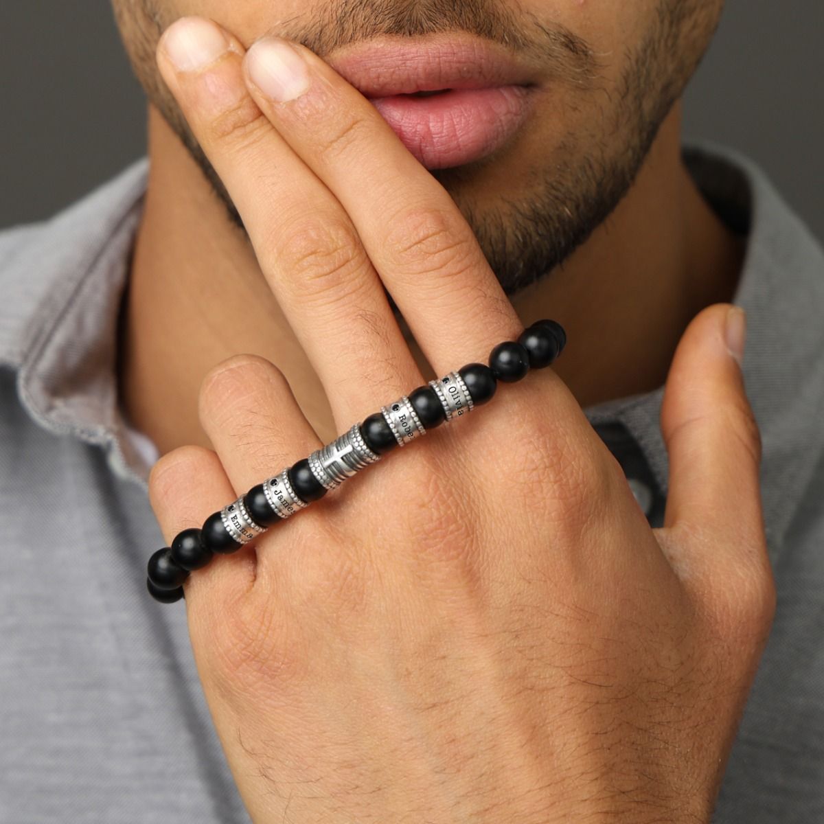Cross Diamond Men Name Bracelet - Black Onyx