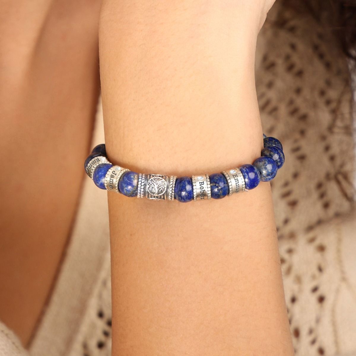 Family Tree Diamond Name Bracelet - Lapis Lazuli [Sterling Silver]