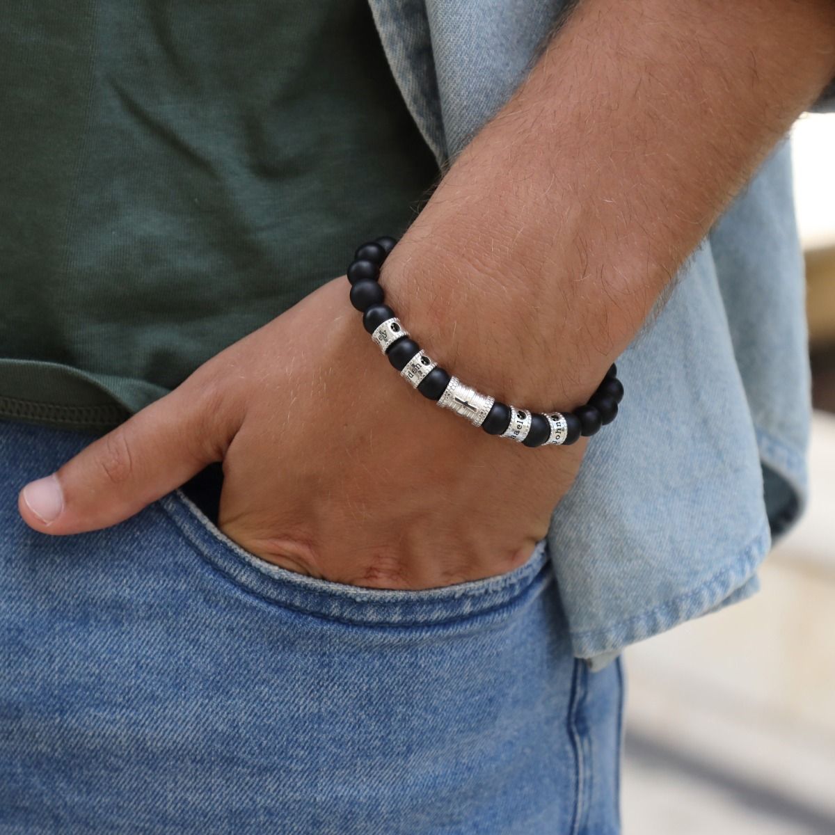 Cross Men Name Bracelet with 0.20 ct Black Diamonds - Black Onyx