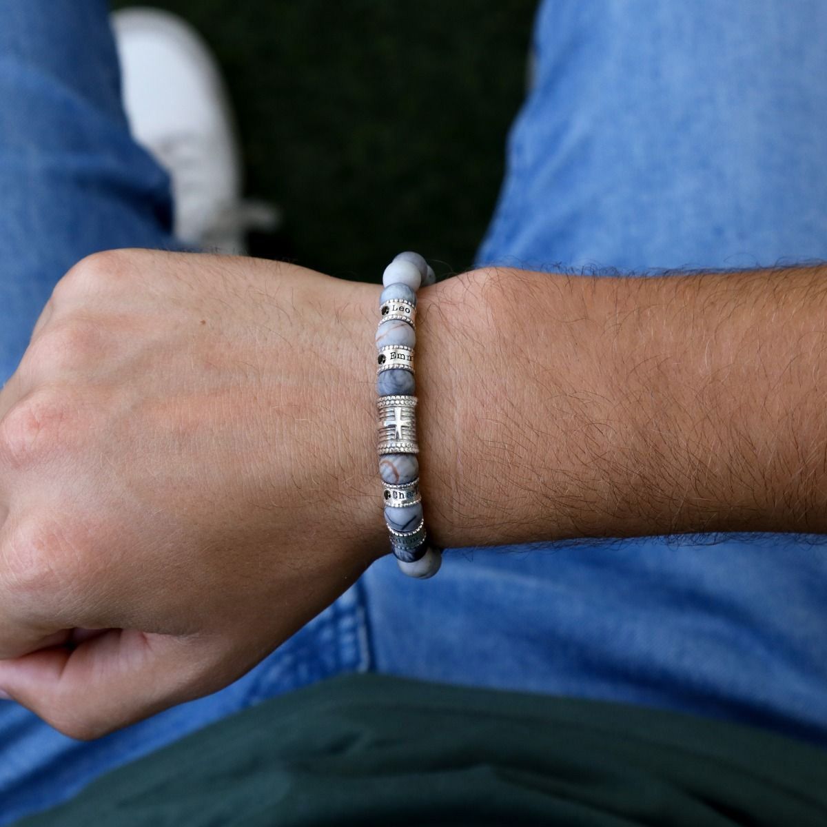 Cross Men Name Bracelet with 0.20 ct Black Diamonds - Picasso Jasper